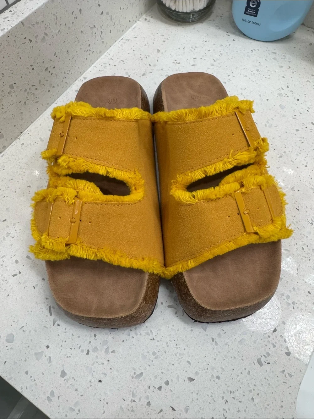 Bohemian yellow platform wedge sandals featuring a gold buckle size 8 NWOT